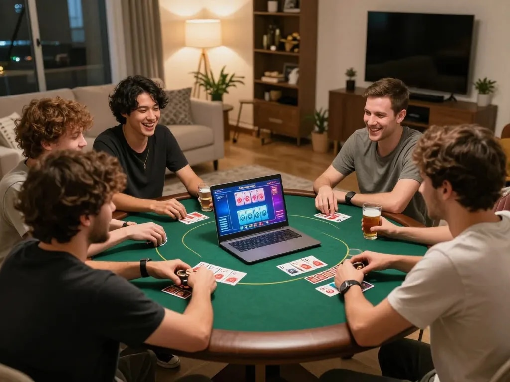 Friends strategizing in a cozy home while using bgd33online for an exciting poker game.
