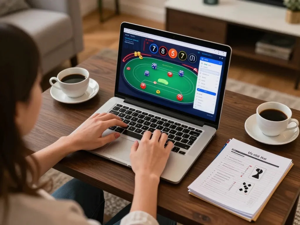 Player enjoying online poker at home with RR88, surrounded by strategy notes and a coffee.