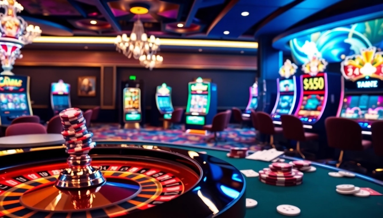 Experience the excitement of gambling at Trụ Sở Nhà Cái 68VIP with a vibrant casino scene featuring roulette, poker chips, and slot machines.