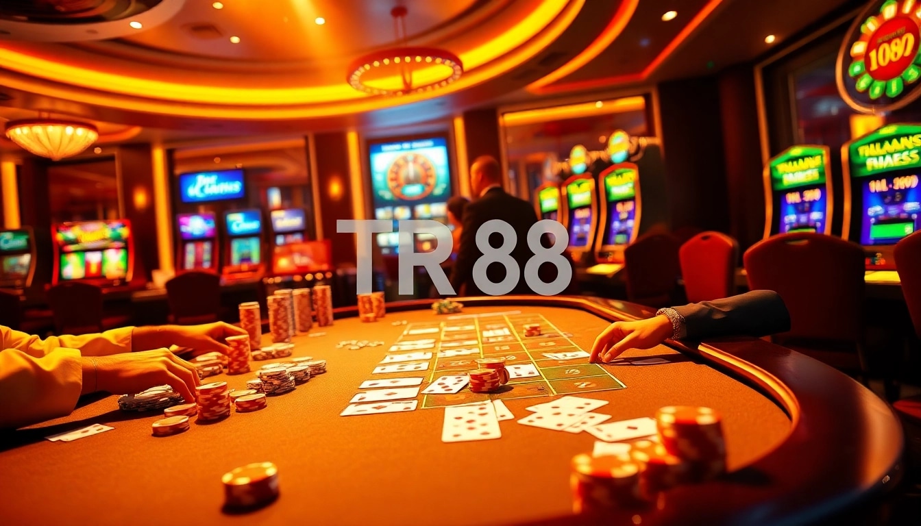 Action-packed casino scene featuring TR88 betting slip on a vibrant gaming table.