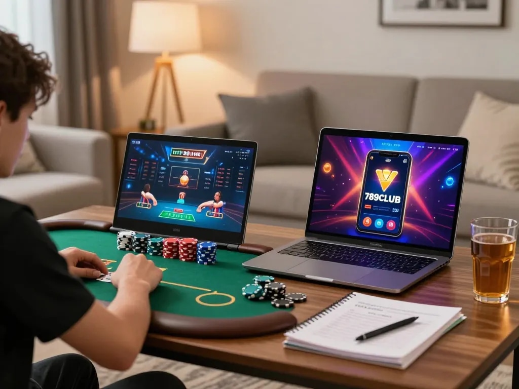 Player engaged in a thrilling 789CLUB poker game at home, showcasing strategic focus and excitement during online play.