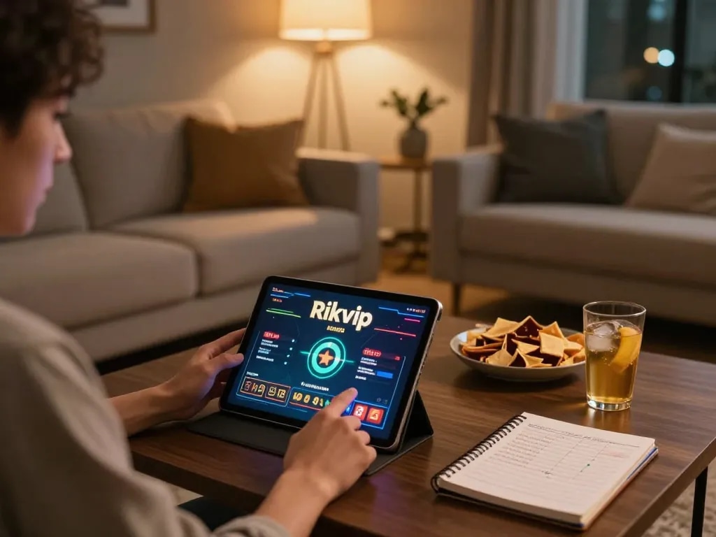 Engaging in online gaming on Rikvip with a tablet in a cozy living room setting.