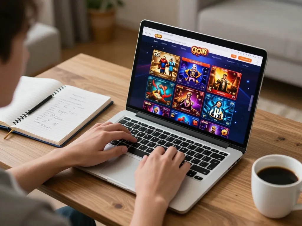 Engaging online gaming experience with go88 on laptop, surrounded by strategy notes