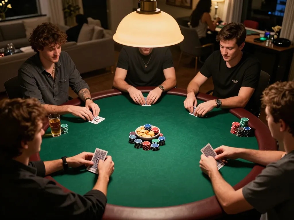 C168 players enjoying an exciting poker game night at home, showcasing chips and cards amid a warm, social atmosphere