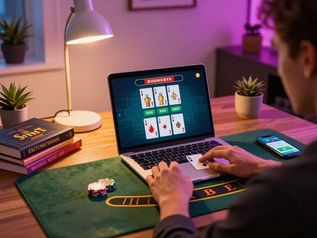 Player engaging with 9bet blackjack on laptop, showcasing strategic gameplay and responsible betting.
