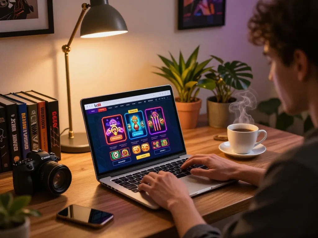 Engaging in lc88 online gaming on a laptop, showcasing colorful casino game interface and cozy home office.