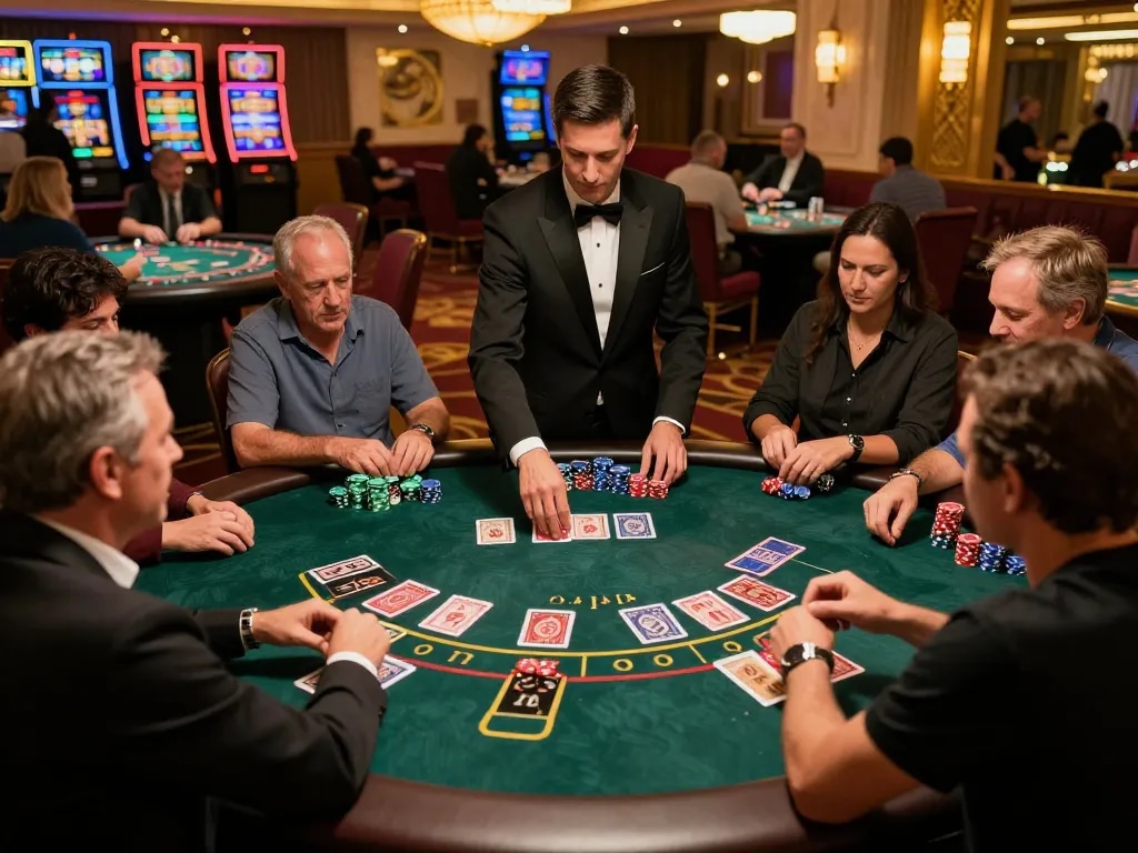 TT88 players strategy session at an intense blackjack table with cards and chips.