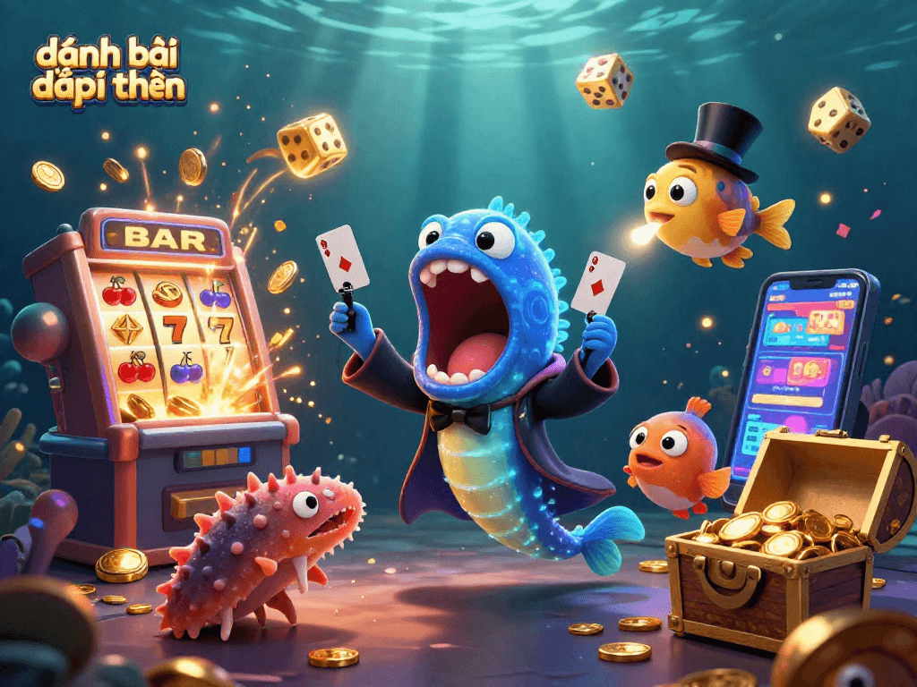 Engaging illustration showcasing đánh bài đổi thưởng with vibrant casino elements and playful sea creatures.