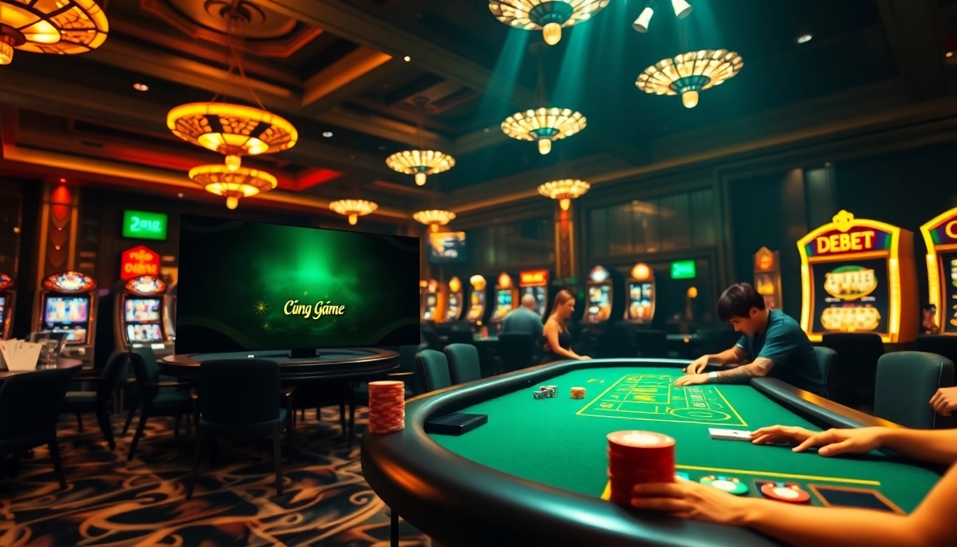Experience the thrill of gambling at Cổng Game DEBET with engaging casino tables and vibrant slot machines.