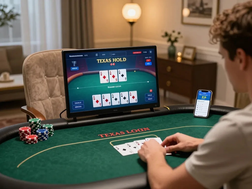 Playing poker online on a stylish setup with VIN777 interface, emphasizing strategic gameplay.