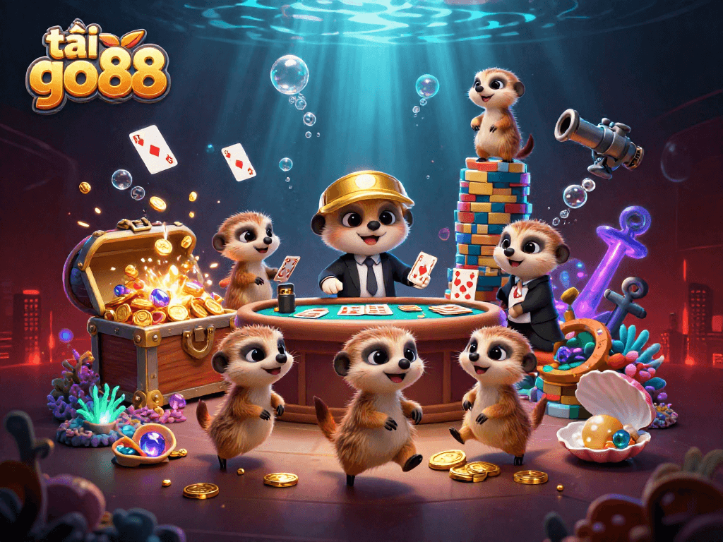 Engage in thrilling gameplay with tải go88 in a vibrant underwater casino scene filled with meerkats.