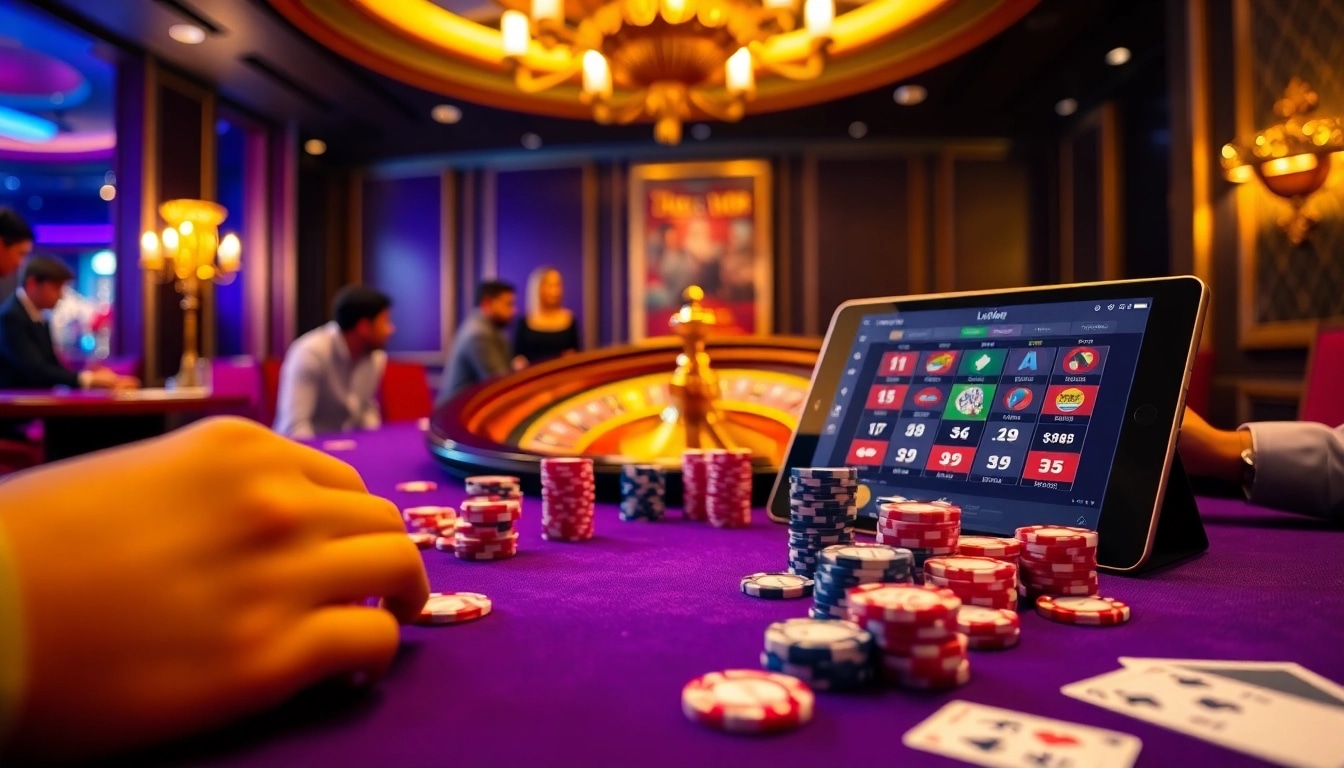 Luck8 players strategically betting at a lively casino table with vibrant chips and cards.
