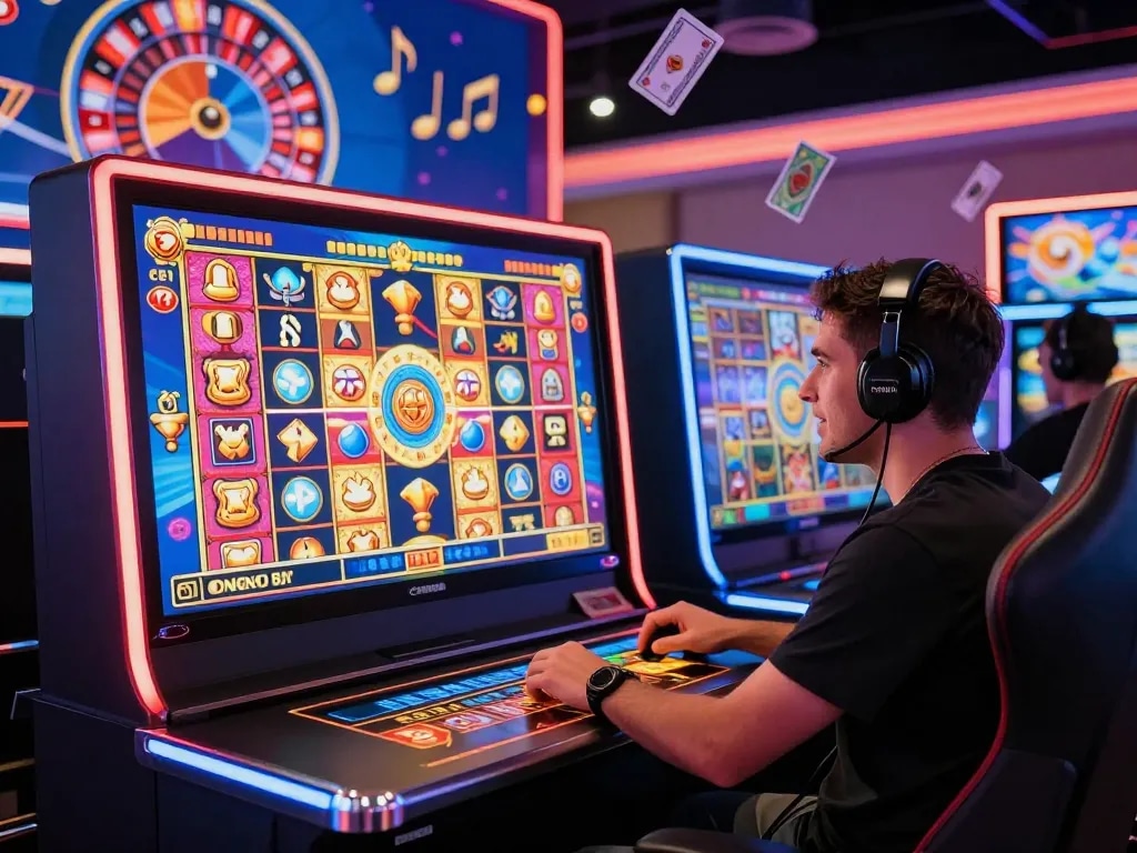Exciting online casino gaming scene showing player engaged with mb 66 slot game and colorful animations.