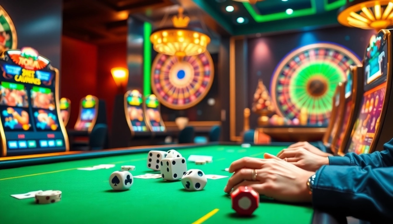 Experience Raja Luck with vibrant casino elements, including spinning roulette and dynamic slot machines.