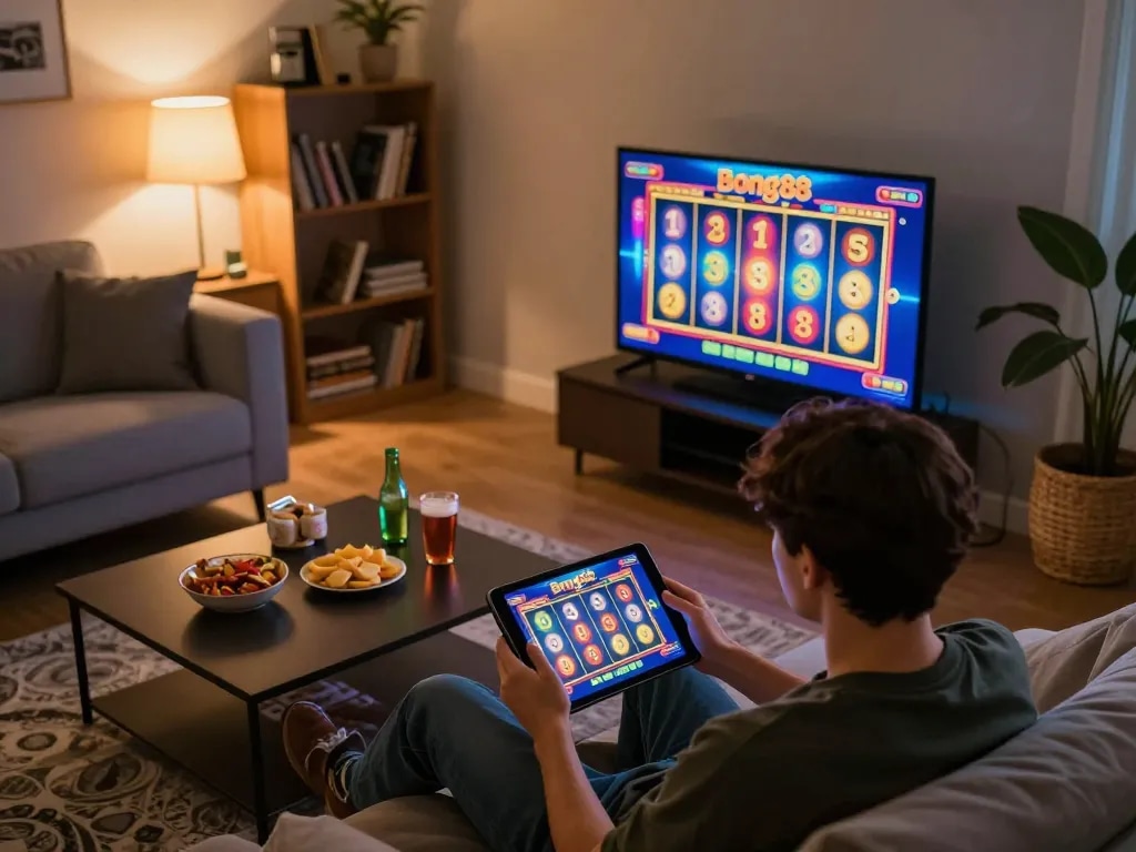 Bong88 player enjoying dynamic slot game on tablet in cozy home environment.