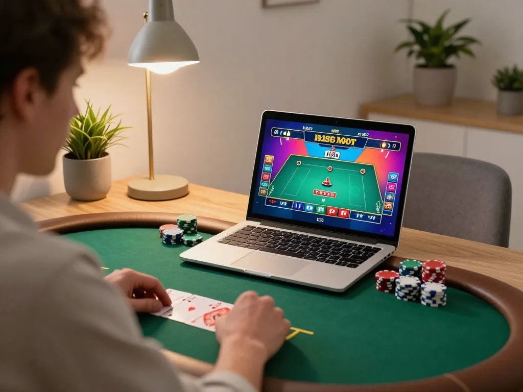Engaging poker game with f8beta2 on laptop, reflecting strategic online gaming environment.
