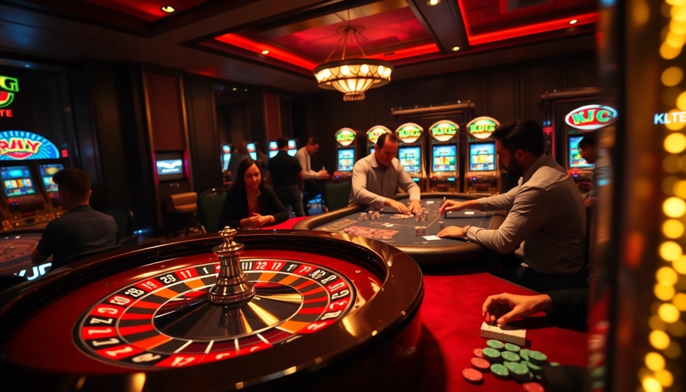 KJC poker players engaging in high-stakes game with luxurious casino ambiance.