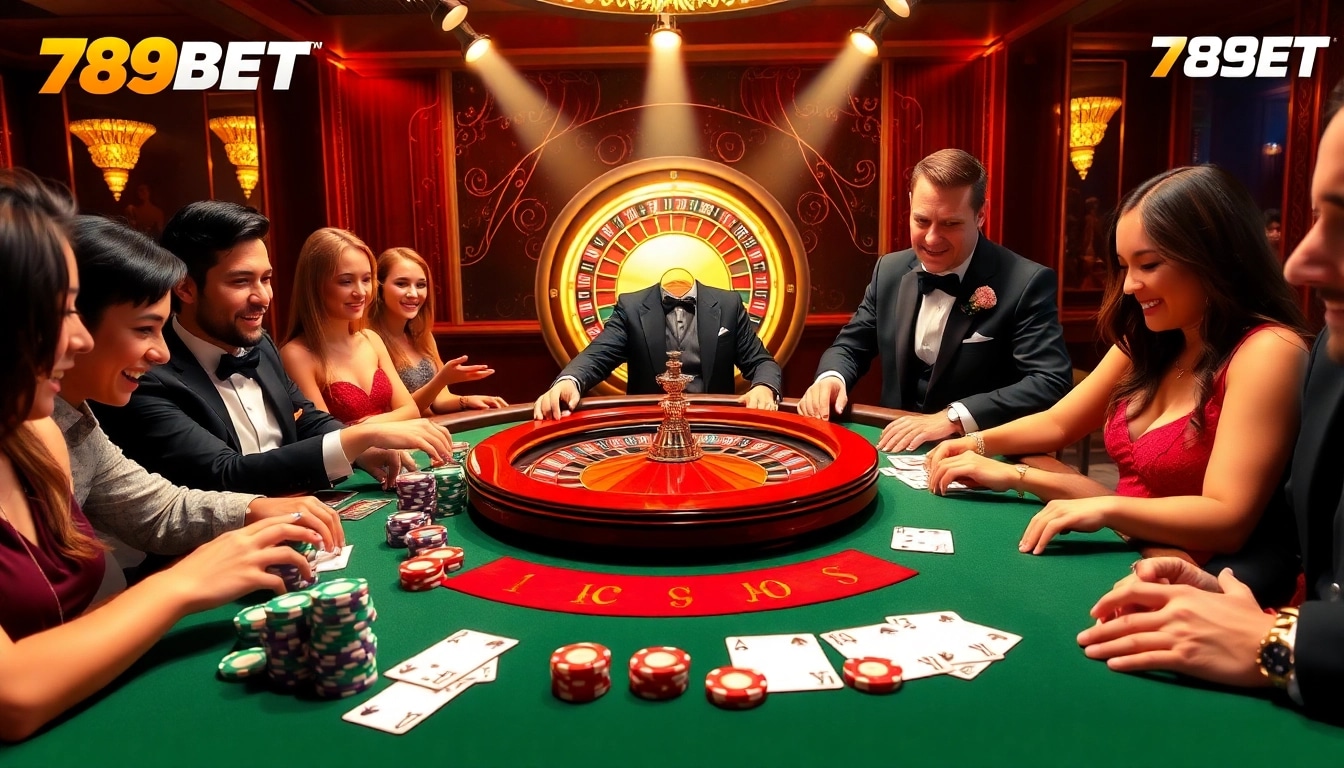 Experience the excitement at 789BET's luxurious poker table filled with vibrant chips and players.