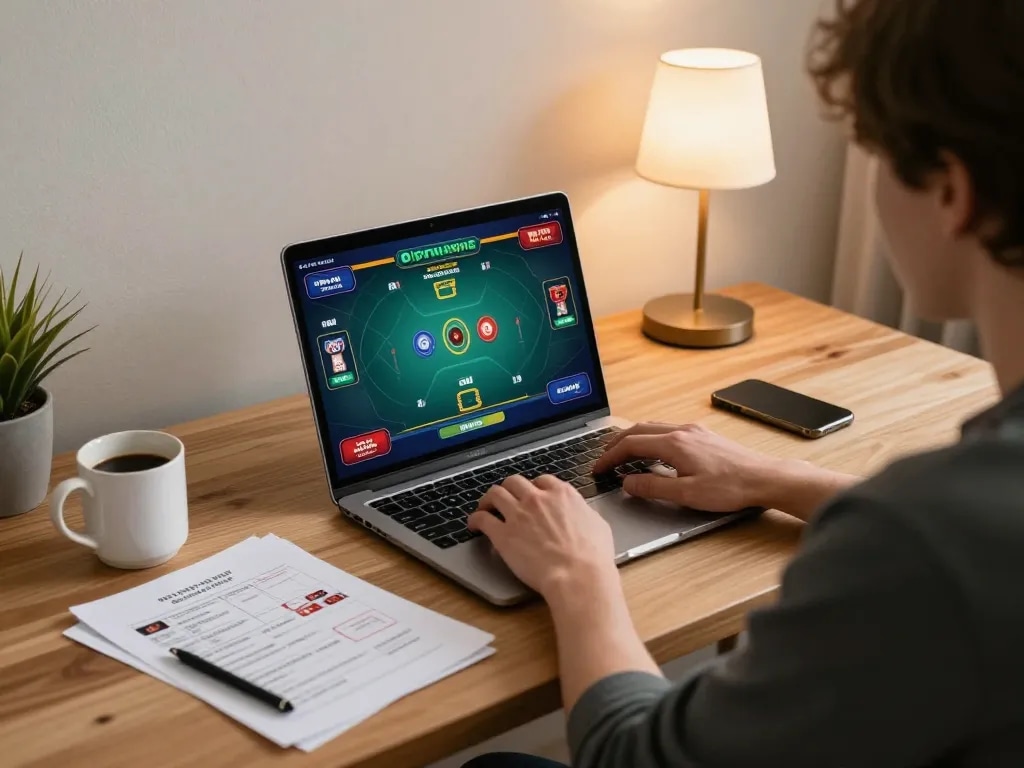 Engaging in online poker at https://11bet.se.net/ with strategic betting notes in a cozy home office