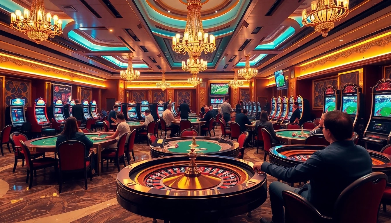 Vibrant scene showcasing luongsontv integrated into a casino atmosphere with poker, roulette, and football matches.