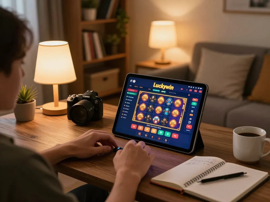 Enjoy thrilling gameplay at Luckywin on a cozy tablet setup in a stylish living room