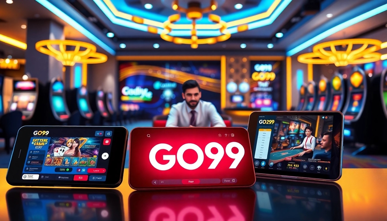 Experience the excitement of GO99 online gaming with a vibrant digital casino setting showcasing live action and gaming interfaces.