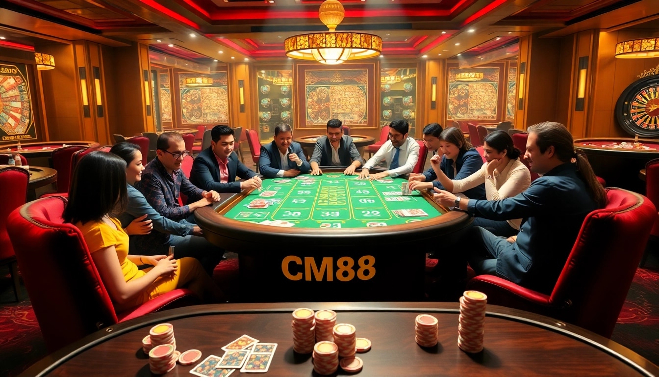 Gambling at CM88 table with vibrant poker chips and cards, showcasing excitement.