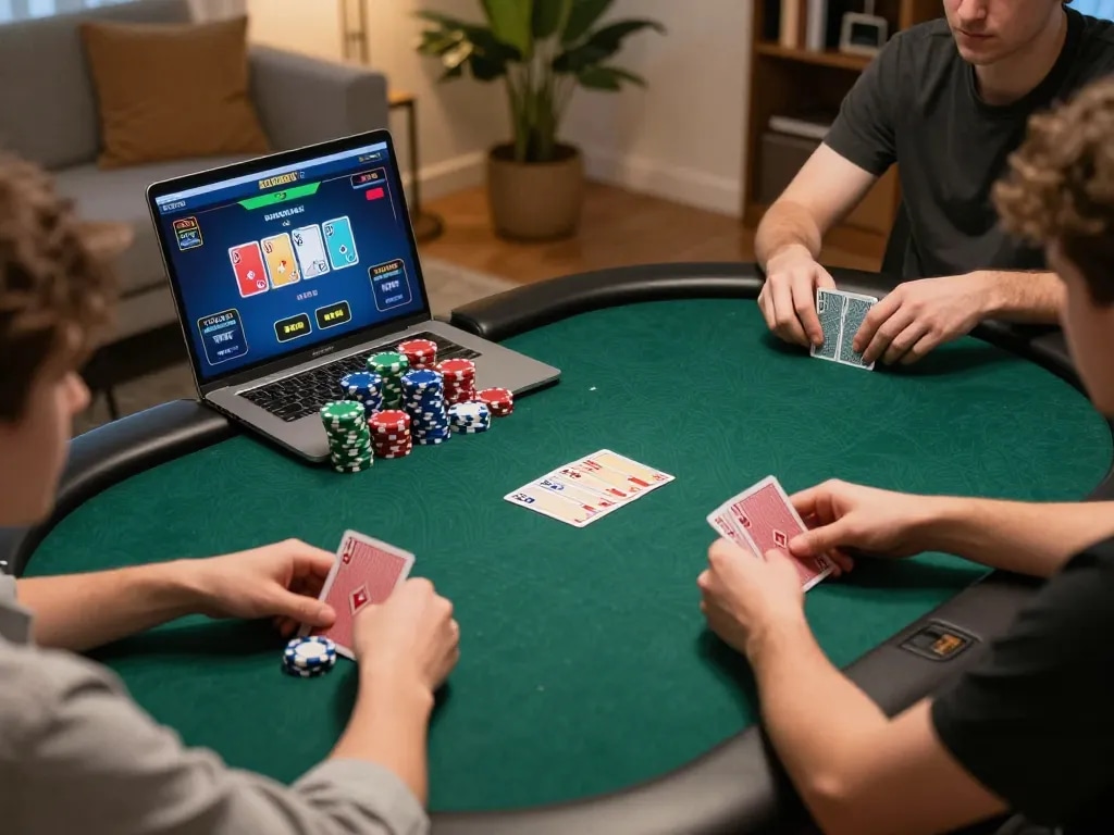 Players engaged in an exciting online poker game at xx88 with vibrant cards and chips