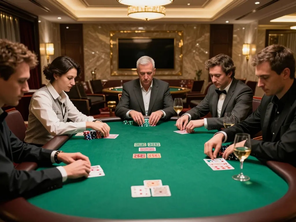 Engaged players strategizing during a vipwin poker game in an upscale setting with colorful chips and cards