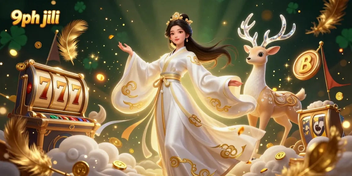 Experience casino excitement with 9ph jili as a stunning Asian woman and celestial deer enhance the game atmosphere.