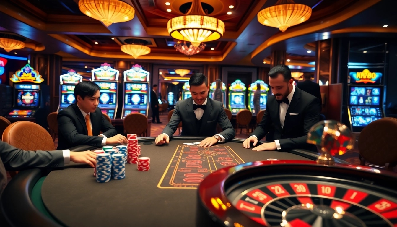 Engaging poker players at an elegant casino table with hz88 branding in the background.