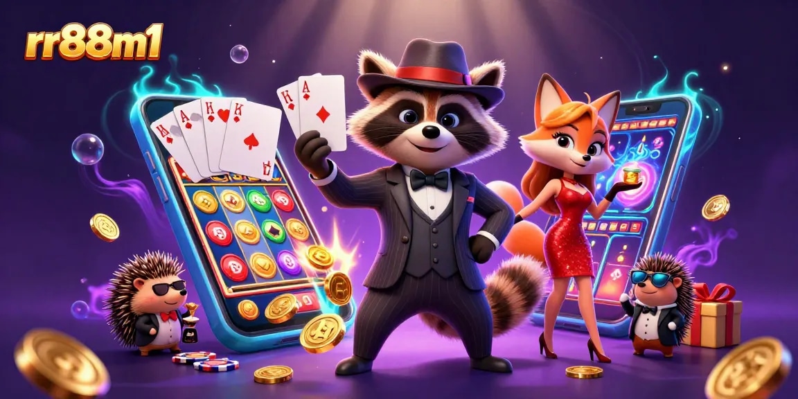 Experience thrilling gaming at rr88m1 with a raccoon holding a royal flush amid vibrant casino elements.