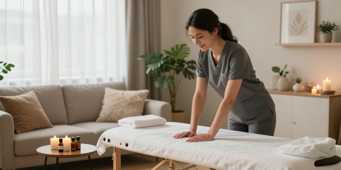 Professional massage therapist preparing for 인덕원출장마사지 session in a cozy home setting.