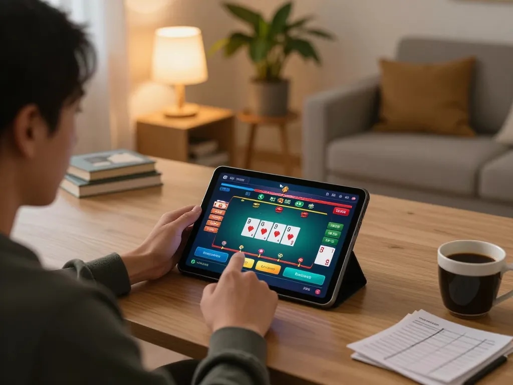 Engaged in online gaming at home, a player explores fc88 poker strategies on their tablet in a cozy setting