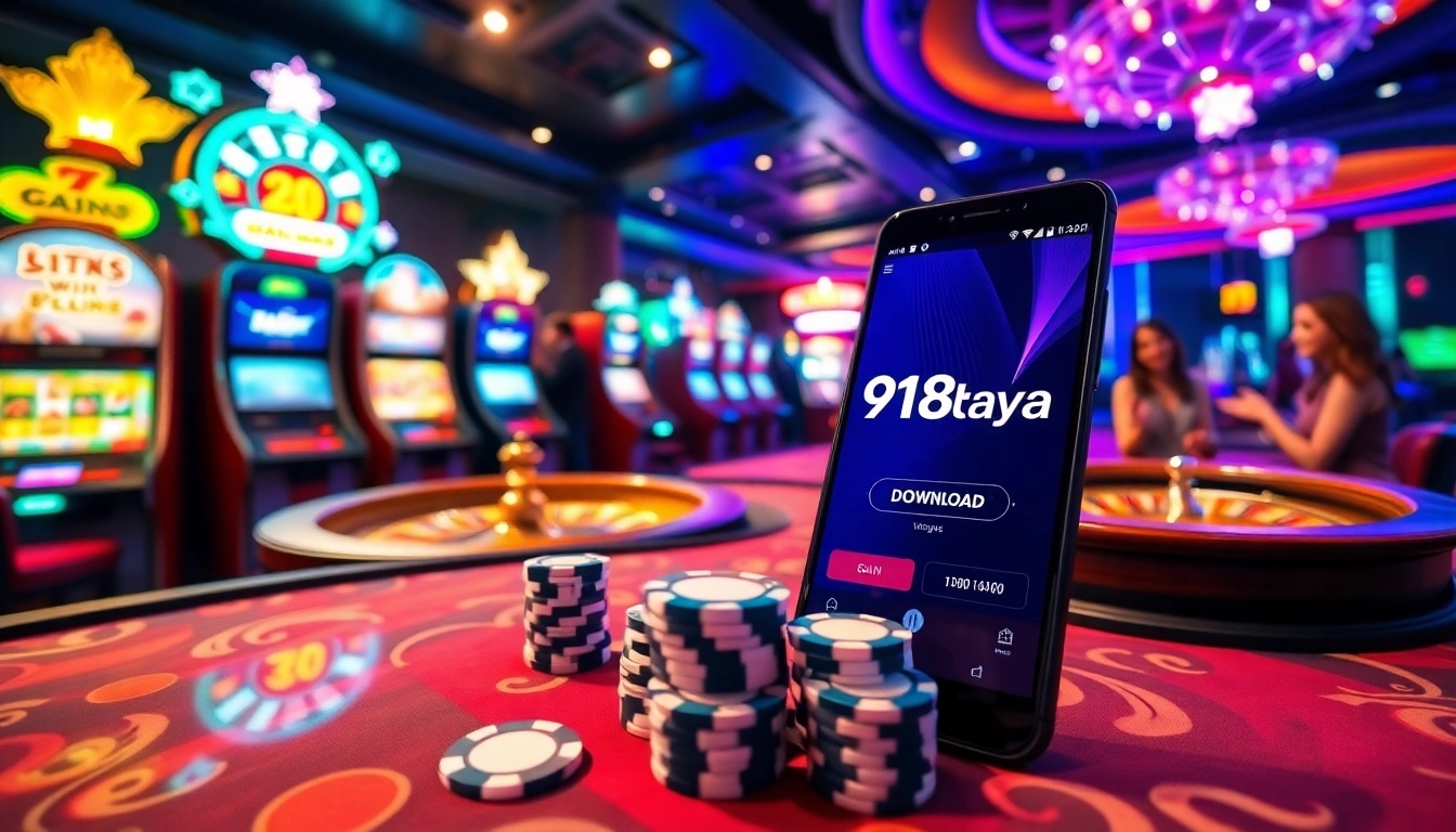 Experience excitement with 918kaya Download on a vibrant gaming table featuring slot machines.