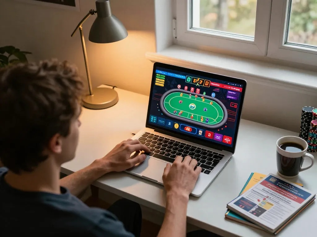 Person managing five88 online poker game at home with laptop, showcasing strategic gameplay