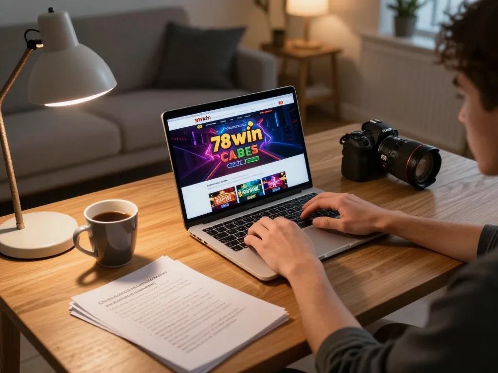 78win user engaged in online betting with laptop, showcasing strategy notes and warm ambiance.