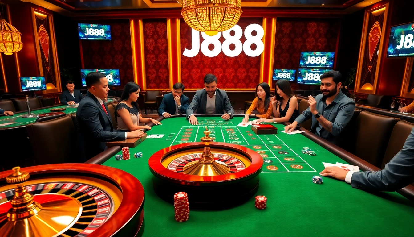 Experience the thrill of J88 gaming at a luxurious casino table with vibrant poker chips and roulette wheels.