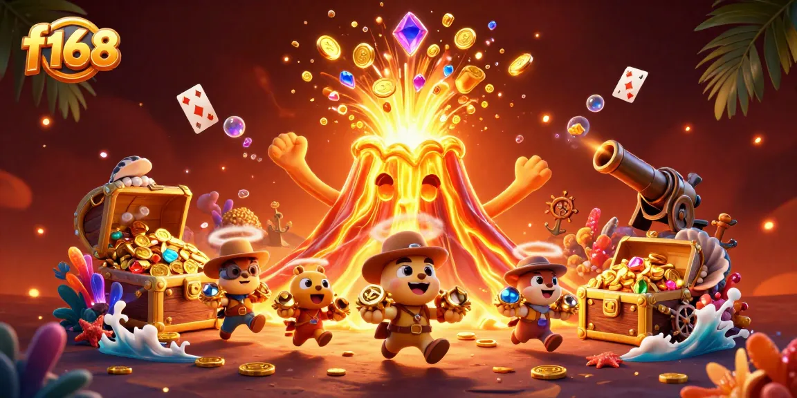 f168 showcases vibrant underwater treasures amid an erupting golden volcano in a thrilling gambling scene.
