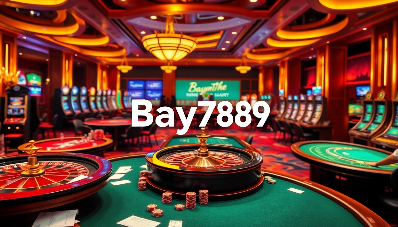 Engaged players enjoying thrilling games at Bay789's vibrant casino, showcasing poker tables and slot machines.