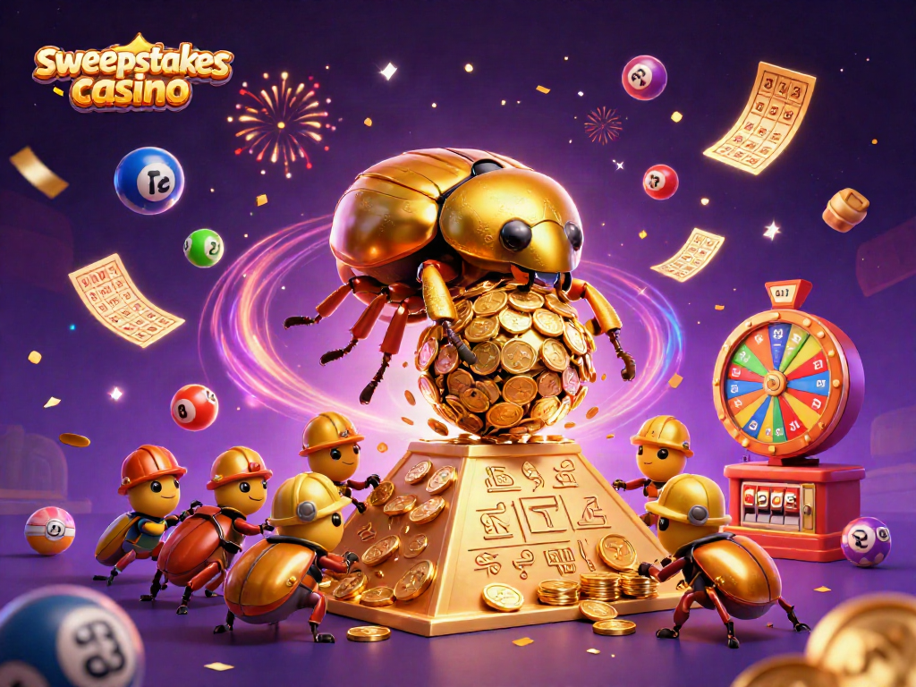 Engage in thrilling fun at a sweepstakes casino with exciting lottery symbols and golden beetles!
