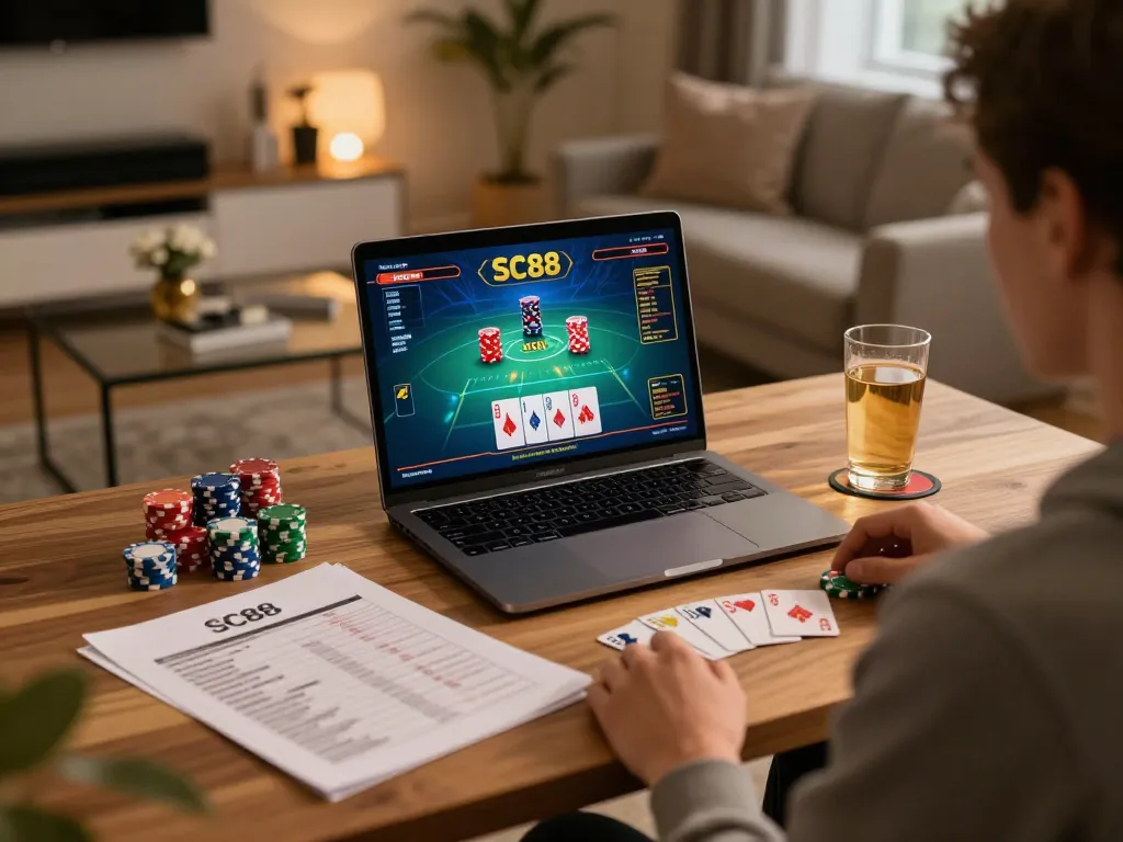 Person engaging in SC88 online casino gaming on a laptop during a cozy evening