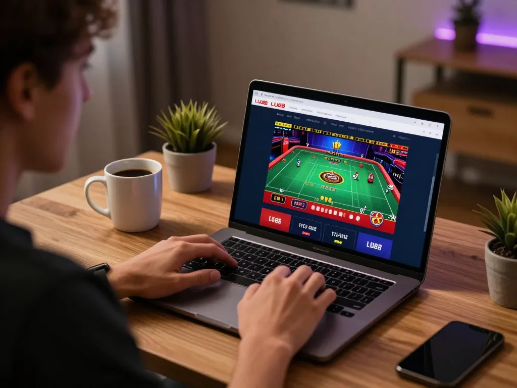 Gambling enthusiast engaging with LU88 online platform on a laptop, showcasing live games amidst a cozy home setting.