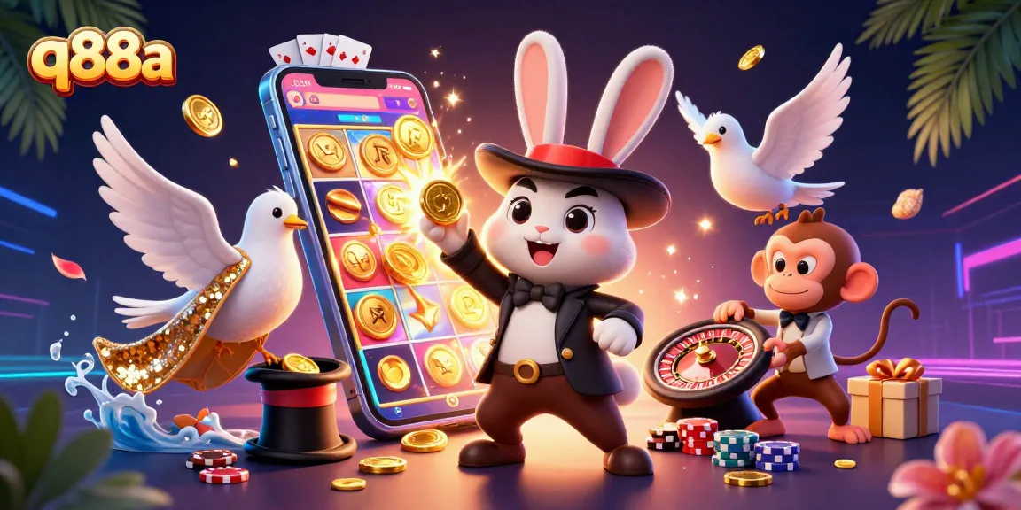 Engage with q88a's dynamic casino scene depicting exciting game play and captivating characters.