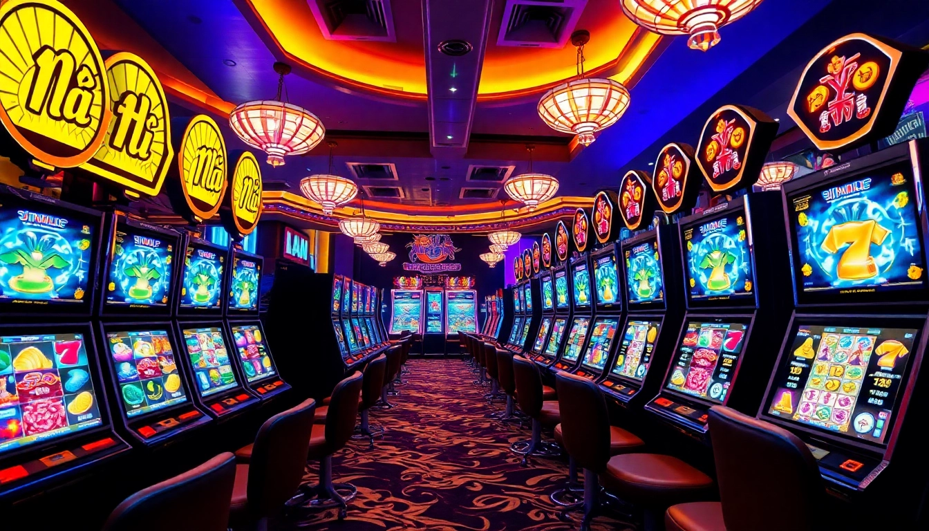 Nổ Hũ gaming experience with vibrant slot machines in a modern digital casino atmosphere.