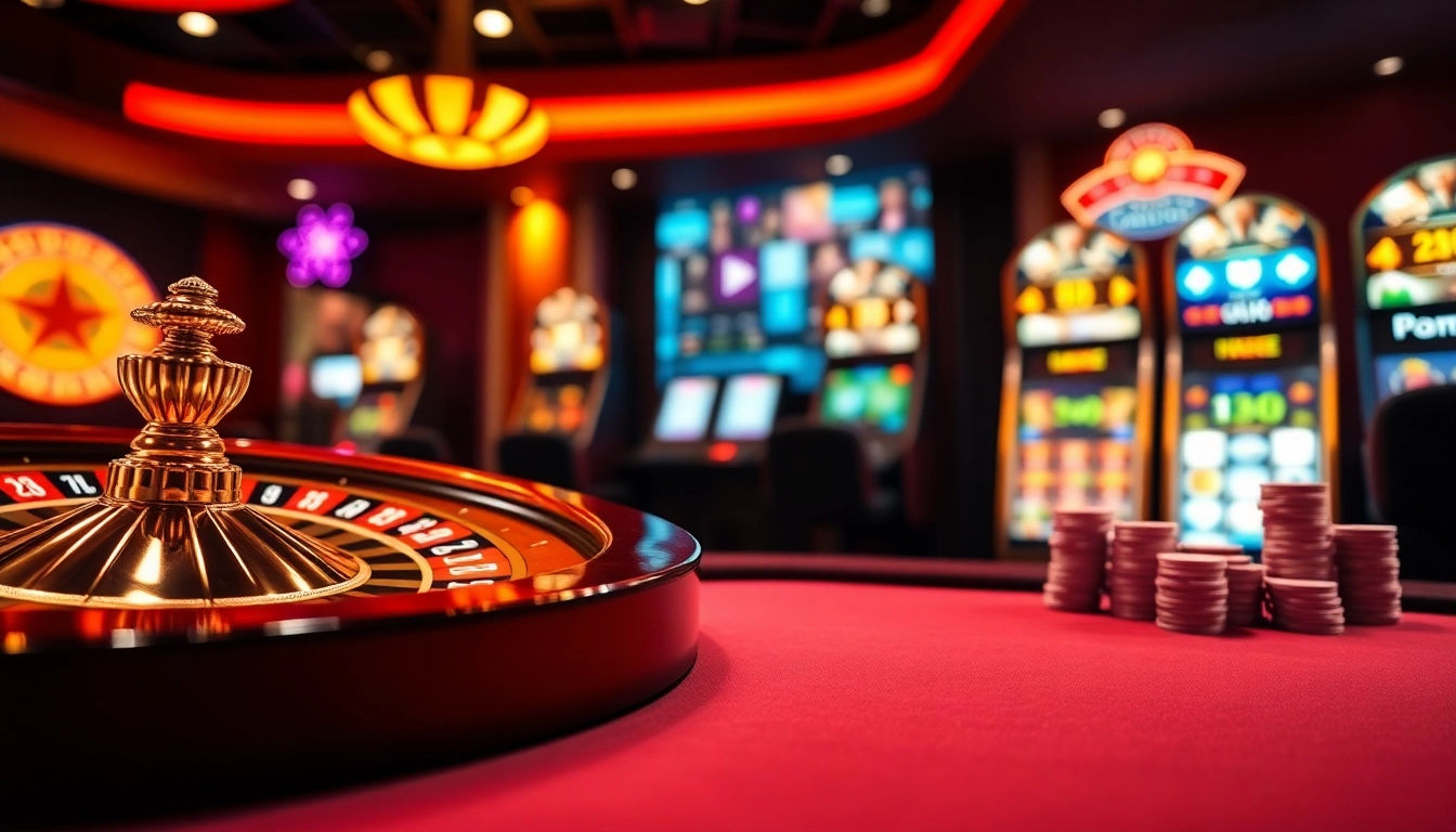 Experience thrilling online gambling at https://red88.day/ with a vibrant casino scene featuring roulette and slot machines.