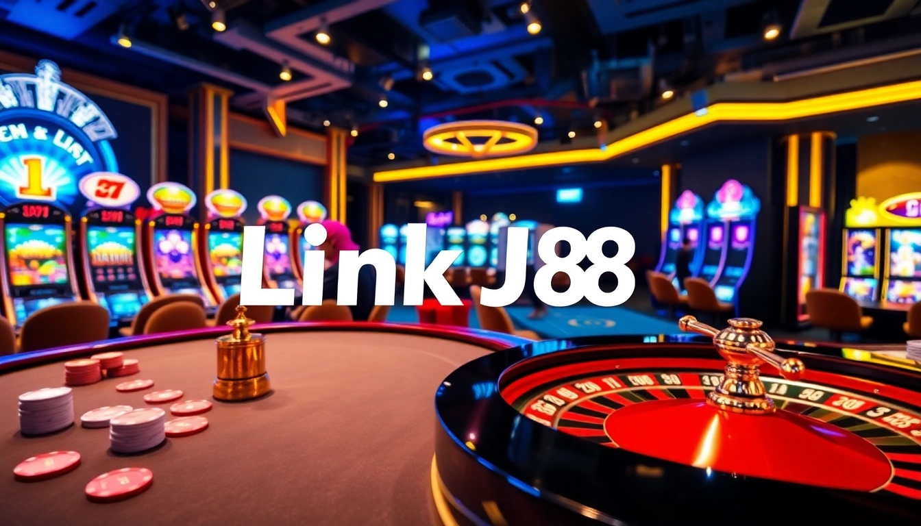Experience the thrill of online gambling with Link J88 featuring casino tables and vibrant slot machines.