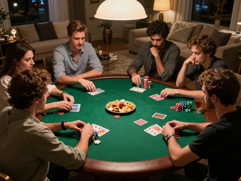 Dabet players enjoying a friendly poker game at home with bright chips and cozy atmosphere