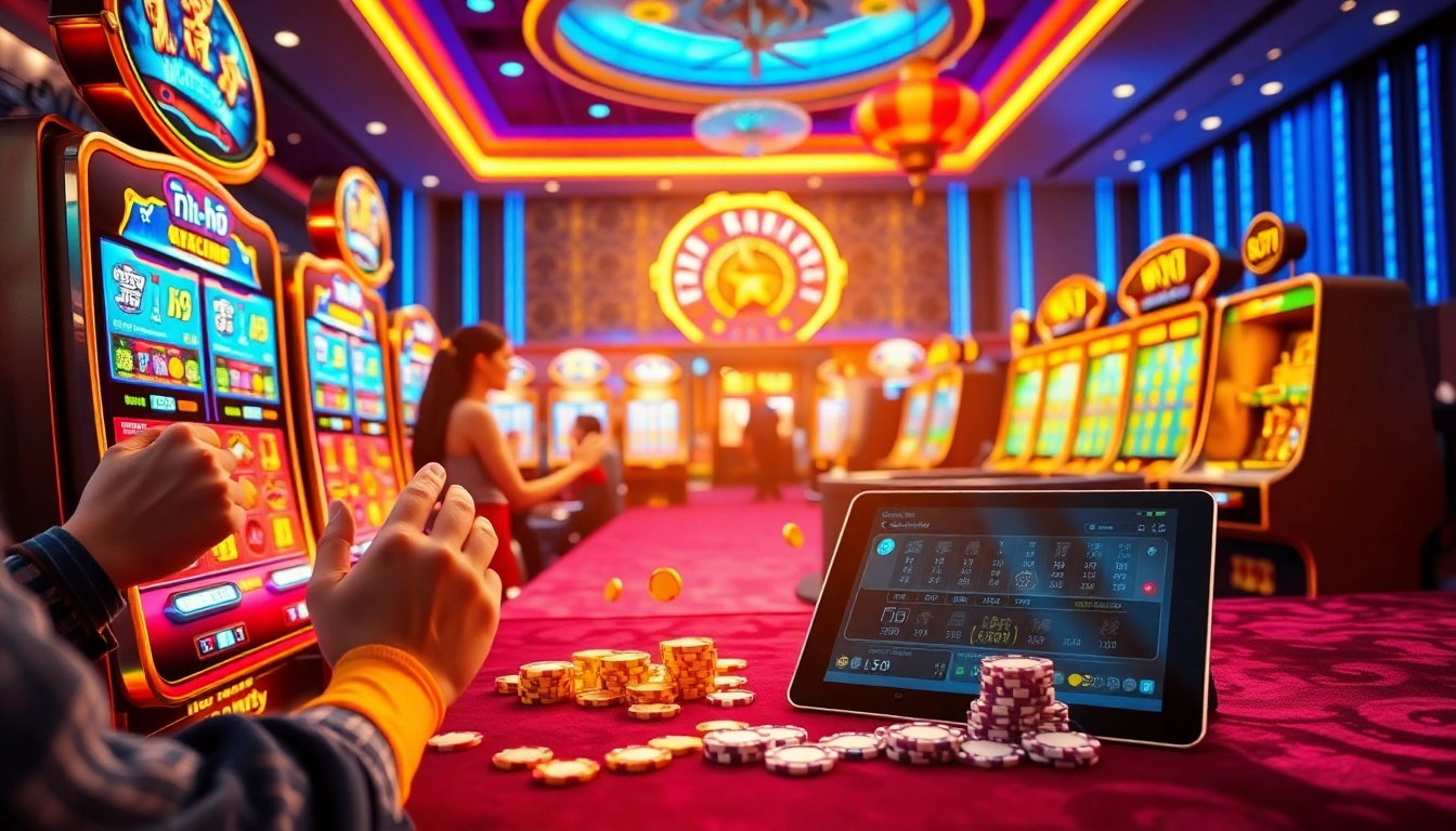 Excited players winning on vibrant slot machines featuring nổ hũ themed jackpots in a luxurious casino setting.