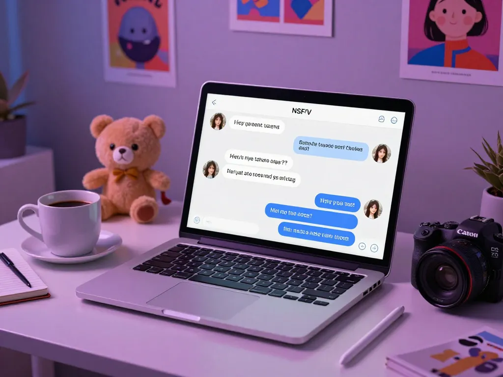 Engaging in ai nsfw chat on a laptop with vibrant decor, reflecting playful digital intimacy.